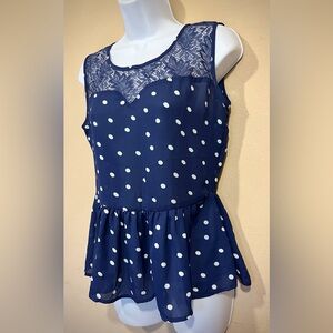 E M / Anthropologie Blue Polka Dot Peplum Tank Top